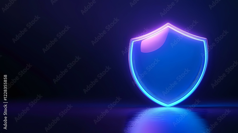 Poster glowing neon shield symbol on dark background with reflection, blue and purple gradient light effect