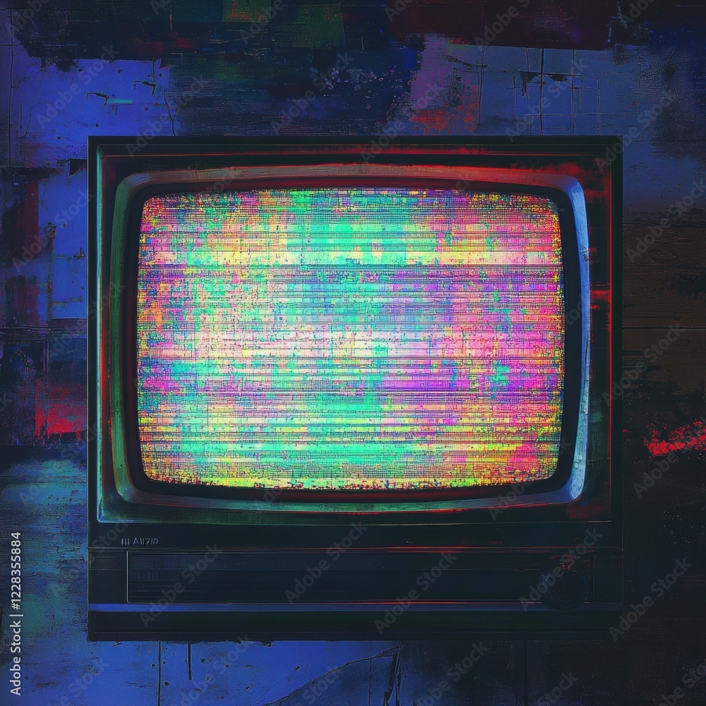 Poster Retro television screen experiencing static noise and colorful glitch patterns in a vintage setting. Generative AI