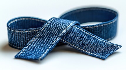 Denim ribbon tied, close-up, white background, craft