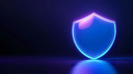 Glowing neon shield symbol on dark background with reflection, blue and purple gradient light effect for cybersecurity and protection concepts.