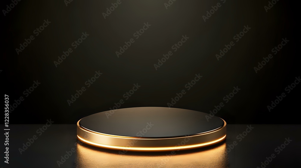 Poster glowing golden round platform with neon light effect on black background, modern minimal design for 