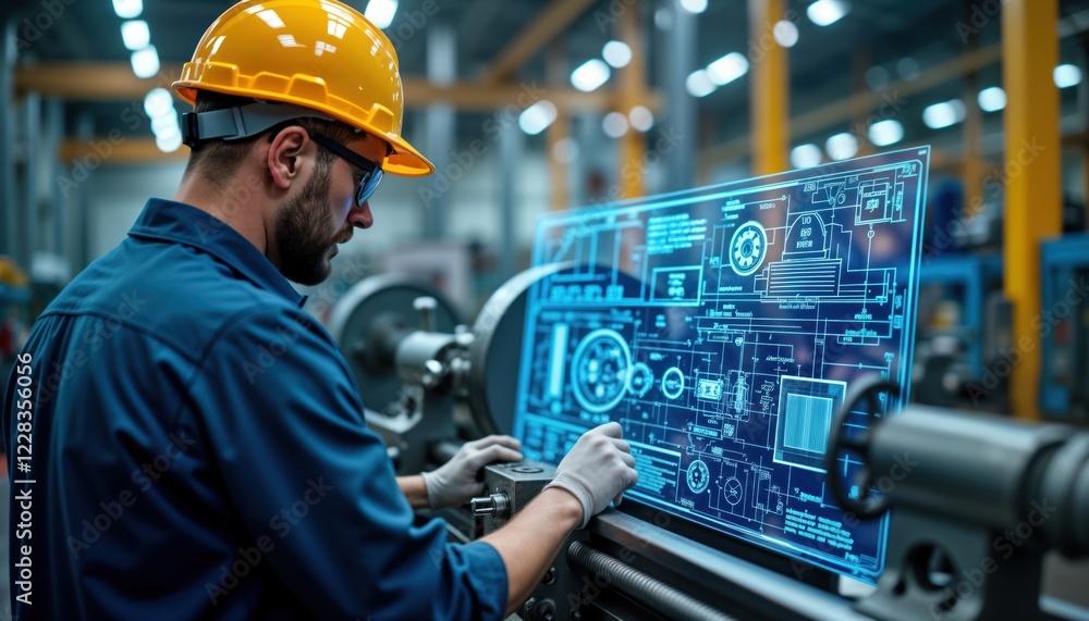 Aufkleber engineer operates lathe in factory. tech expert works with industrial machine. controls digital blue