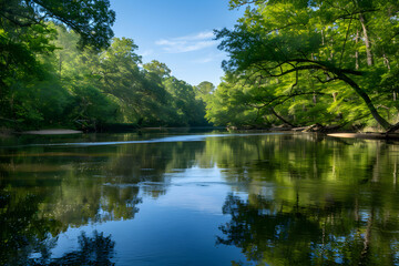 Fototapeta premium Tranquil River Amidst Lush Forests Reflecting Sky: A Serene Natural Landscape of Pure Wilderness