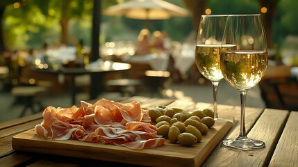 Prosciutto ham and green olives served on wooden board with two glasses of white wine at outdoor restaurant terrace in warm evening light.