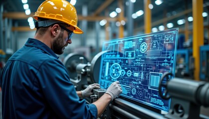 Engineer operates lathe in factory. Tech expert works with industrial machine. Controls digital blueprint on touch screen. Manufacturing process precise. Modern tech used in industrial setting.