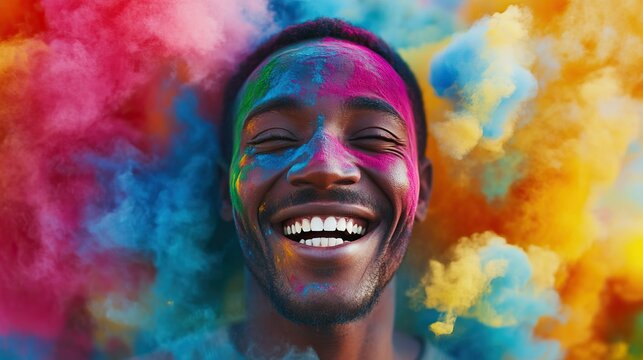 Joyful man covered in vibrant colored powders smiling amidst holi festival colors celebration concept