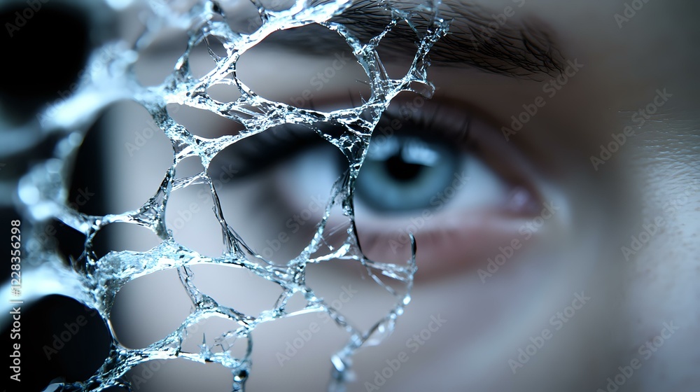 Poster close-up of blue eye partially visible through crystalline web structure, creating mysterious and et