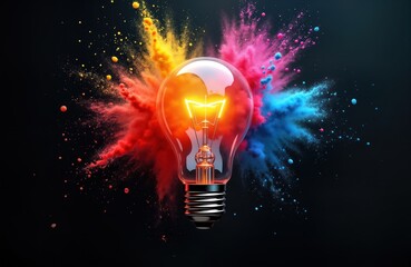 Colorful light bulb explodes with bright colorful paint splashes. Creative concept shows innovation, inspiration. Bright colors, dynamic motion represent new ideas, technology. Business, education,