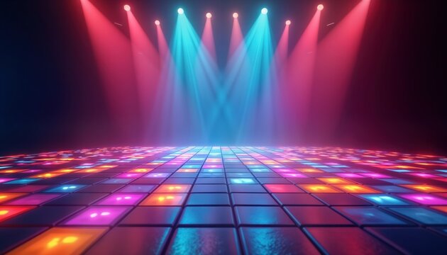 Colorful disco dance floor glows under bright stage lights. Modern club space vibrant colorful lights illuminating shiny floor. Futuristic design. Energetic party atmosphere. Night club electronic