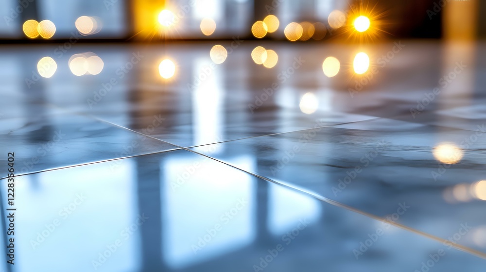 Aufkleber reflective tiled floor with soft bokeh lights creating atmospheric mood. blurred golden circles on g