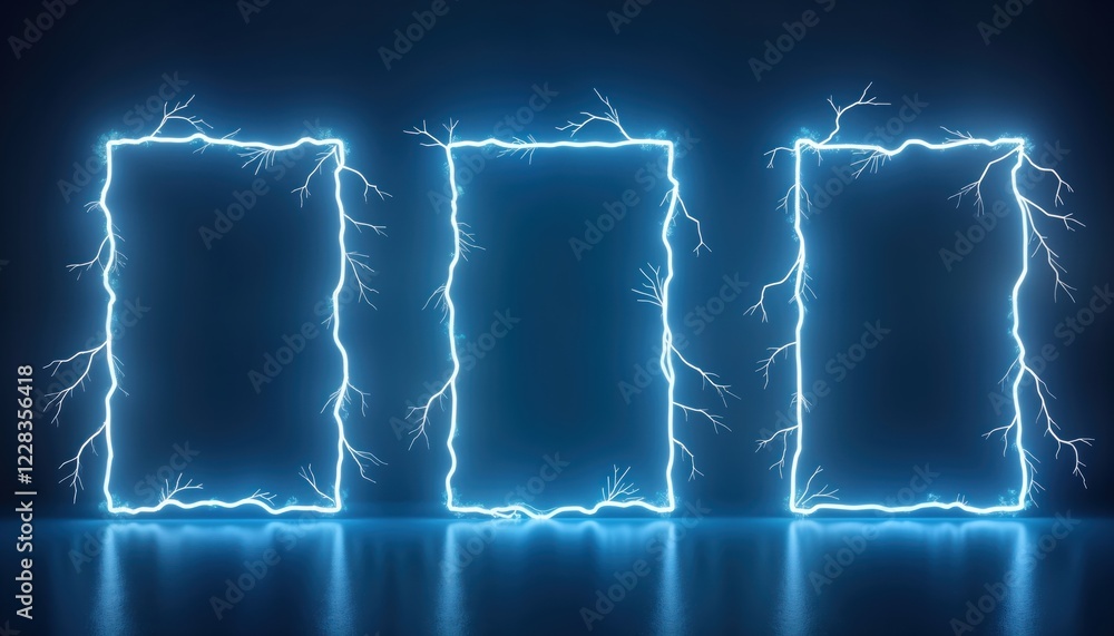 Aufkleber electric blue frames with lightning borders in rectangles, squares. modern, futuristic shapes. ideal