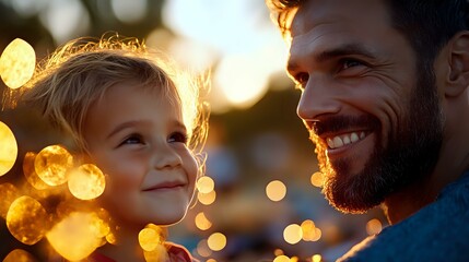 Heartwarming moment between bearded father and young child sharing joyful expressions against golden bokeh sunset background, capturing pure family connection.