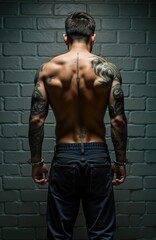 Fototapeta premium Muscular man with tattoos stands handcuffed against brick wall. Naked torso, significant arm tattoos. Dramatic prison style portrait. Potential themes include criminal justice system, incarceration,