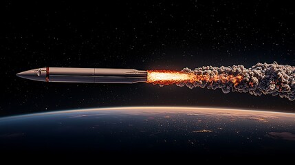 Missile launch, Earth backdrop, space travel, fiery trail