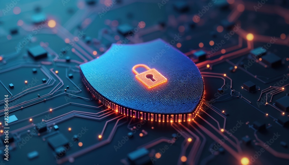 Poster advanced tech illustration shows secure global network with shield icon representing cyber security.
