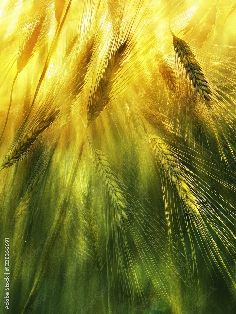 Poster golden rays illuminate fields of wheat at sunset, creating a serene agricultural landscape. generati