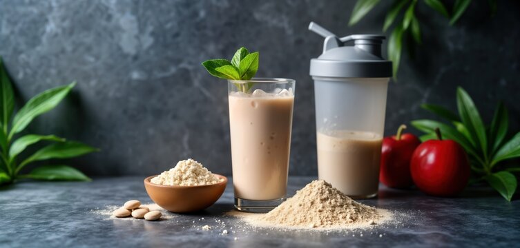 Protein shake with powder, shaker on stone surface. Healthy beverage for fitness, diet. Smooth, vibrant drink. Supplement for energy, wellness lifestyle. Fresh, ready to drink refreshment.