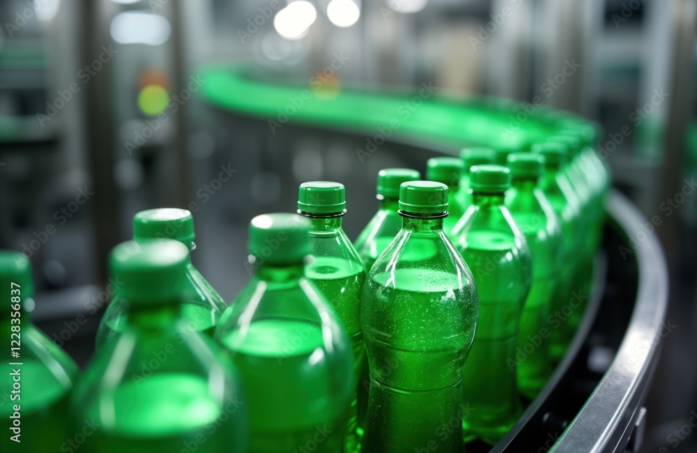 Poster automated bottling line in modern beverage factory. green plastic bottles move smoothly along convey