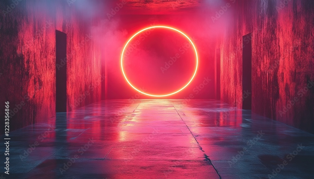 Poster lit circle in hallway with fog. possible background for tech, music or gaming