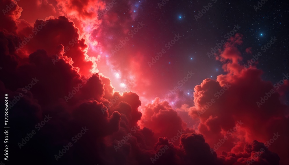 Aufkleber red nebula clouds glow in deep space. stars twinkle in dark. cosmic clouds shimmer with vibrant colo