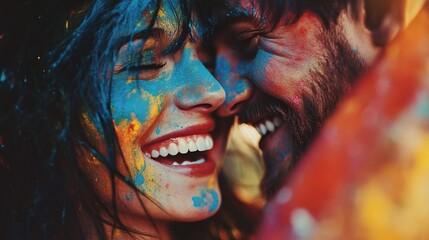 Joyful couple covered in vibrant holi colors smiling close-up, symbolizing the festive spirit and togetherness of holi celebration