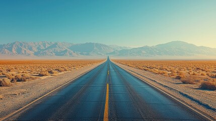 Desert highway vanishing into hazy mountains at sunrise