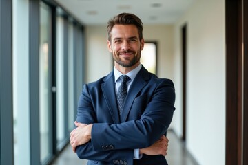 Confident Business Professional in a Modern Office Corridor: A Well-Dressed Male Executive with a Charming Smile Standing Vertically with Arms Crossed