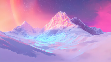 Snowy mountain with a vibrant aurora lighting the sky. Solar Fjord. Illustration