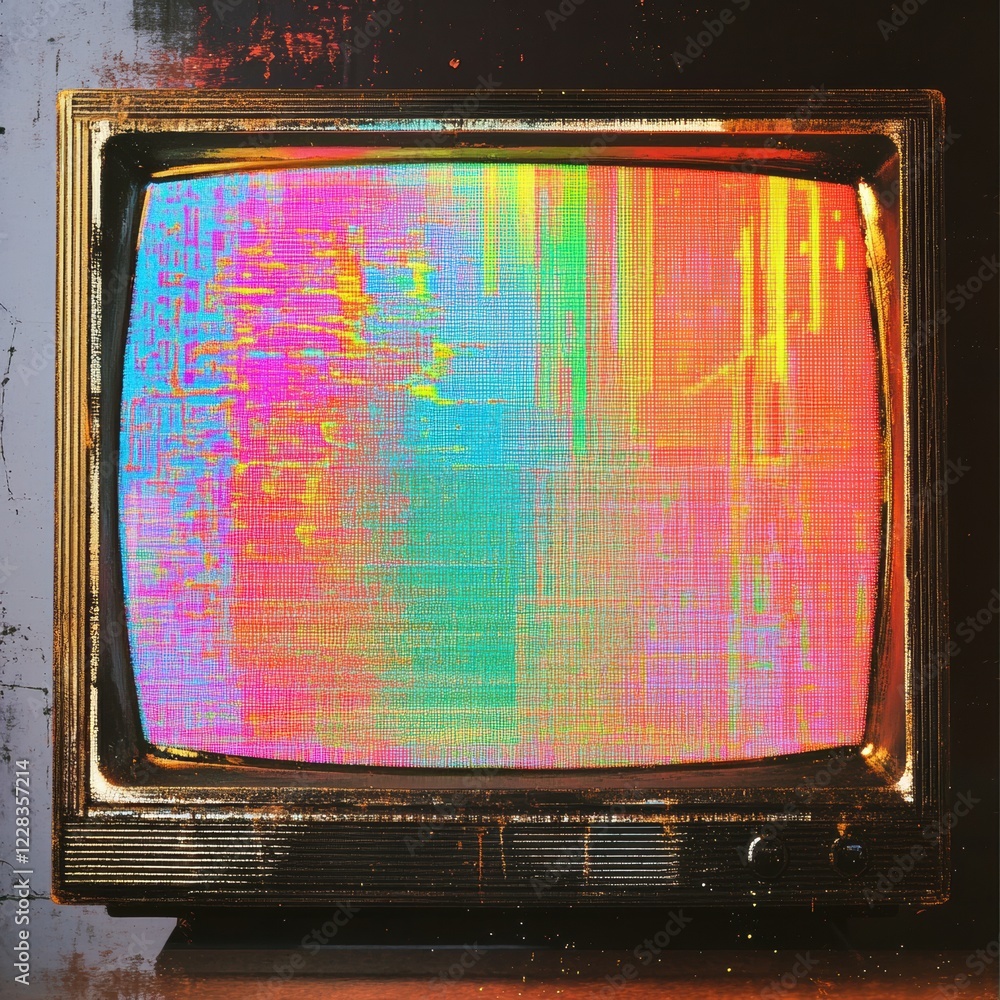 Leinwandbilder retro television displaying colorful glitch patterns and static noise with a vintage aesthetic. gene