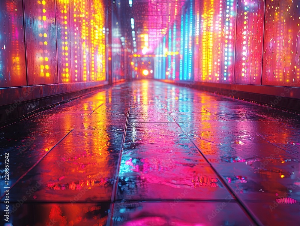 Poster lit hallway with reflective floor. use sci-fi design or abstract background