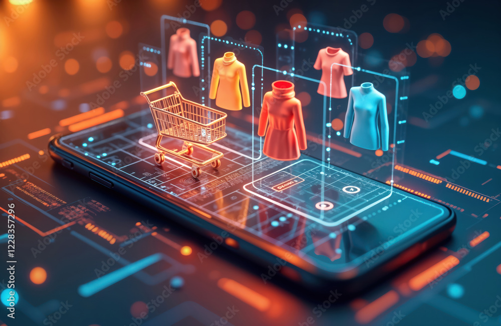 Aufkleber futuristic mobile shopping app displays virtual clothing items. digital shopping cart floats on scre