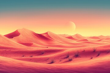 A serene desert landscape at sunset with soft dunes and a warm color palette.