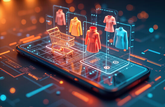 Futuristic mobile shopping app displays virtual clothing items. Digital shopping cart floats on screen. Tech-savvy display online transaction on modern smartphone. Virtual fashion items displayed.