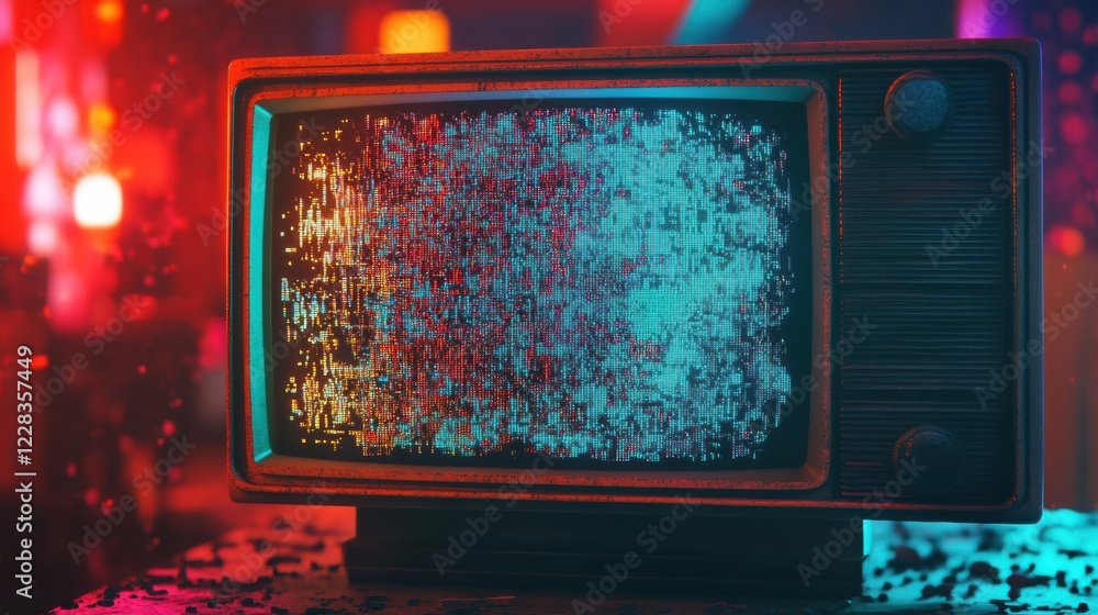 Poster retro television screen displaying colorful glitch patterns and static noise in a vibrant urban sett
