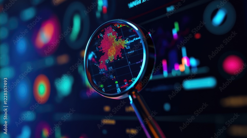 Poster global data analysis magnifying glass on screen showing heatmap of worldwide trends, charts in backg