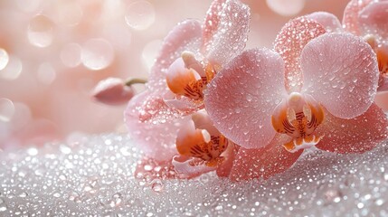 Dewy pink orchids on sparkling surface with bokeh background