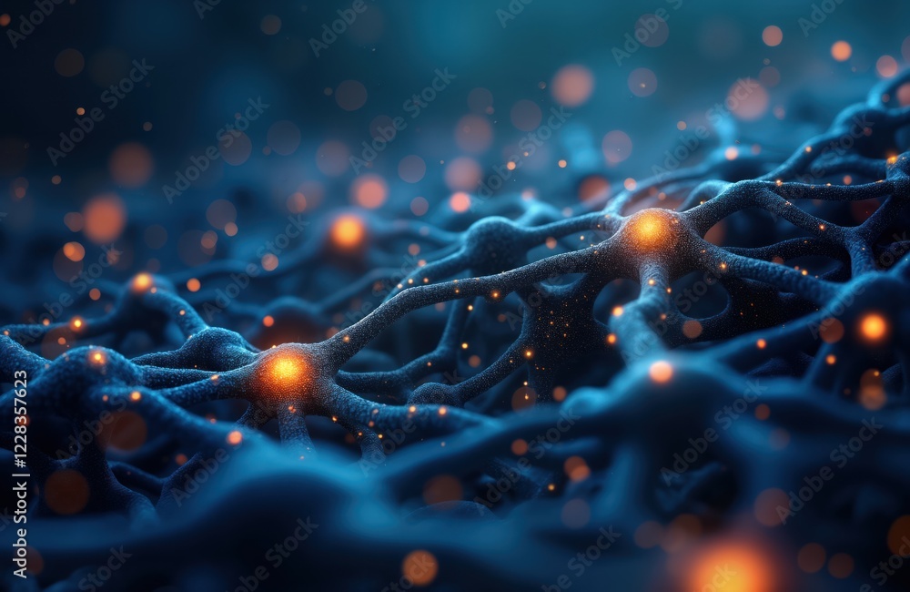 Leinwandbilder abstract illustration of brain synapses, neural network. blue, orange hues depict intricate connecti