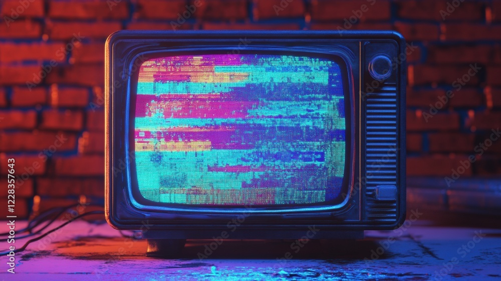 Poster retro television displays colorful glitch patterns and static noise in a dimly lit room. generative 