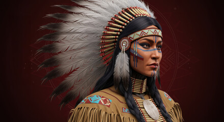 Obraz premium Indigenous woman in traditional attire with feathers and jewelry