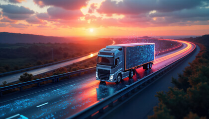 Autonomous truck travels digital highway sunset. Futuristic vehicle displays tech data. Scenic landscape with mountains and plants. Evening time. Modern tech transportation. Innovation in transport.