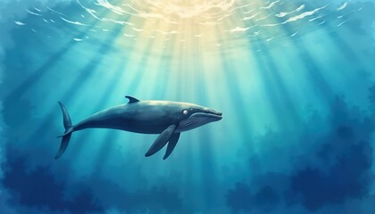 Obraz premium Peaceful underwater scene features large whale gracefully diving deep into ocean depths. Sunlight streams down from surface creating beautiful light show. Deep blue water, sunlight provide serene