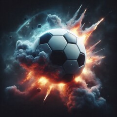 Fototapeta premium a photo realistic soccer ball as a planet in space with smoke and explosions, digital art