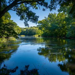 Tranquil River Amidst Lush Forests Reflecting Sky: A Serene Natural Landscape of Pure Wilderness
