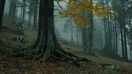 Obraz premium Misty autumn forest, hill, exposed roots, background trees, nature wallpaper