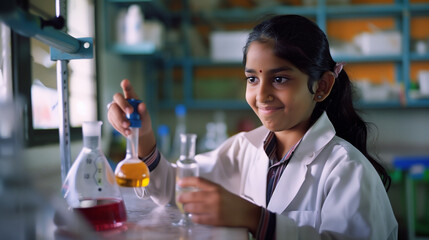 Happy school student studying chemistry in a science lesson. Inclusive education. Women's day. Ambitious mixed race girl learning medicine wearing a white lab coat 