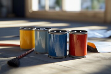 Freshly opened paint cans in different colors