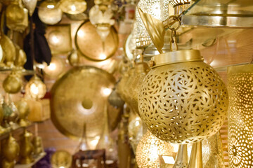 Beautiful shop of Arabic style lamps illuminated at Marrakech