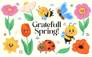 Grateful spring composition with cute colored doodle insects and flowers bloom characters set