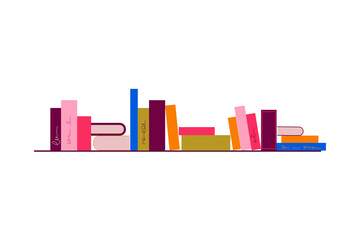 Colorful bookshelf illustration with stacked and leaning books in a modern, minimalistic style. Perfect for article, education, reading, and library themes. Transparent PNG for easy use in designs. 
