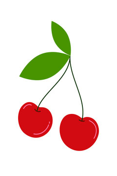 Fresh red cherry illustration with green leaves isolated on white background. Vector drawing of sweet cherries pair with shine effect. Perfect for food packaging, menu design, and summer themes. PNG